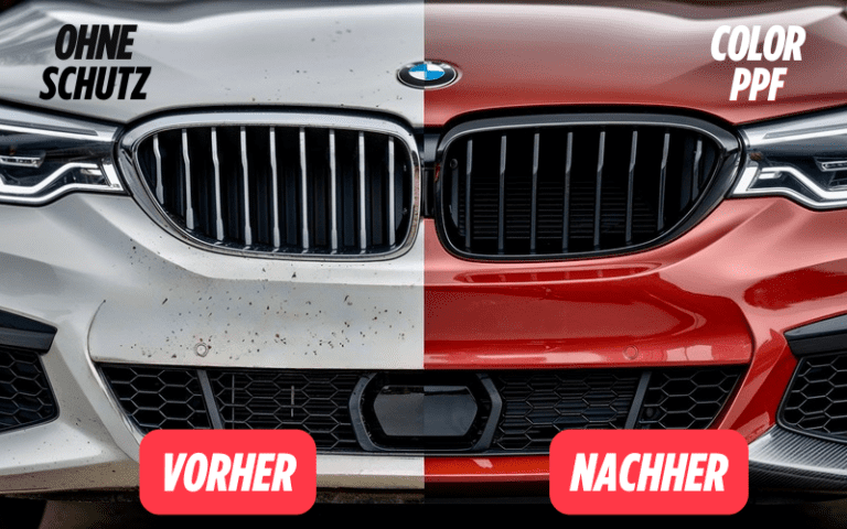 BMW Front im Vorher-Nachher-Vergleich mit farbiger Lackschutzfolie (Color PPF) – links verschmutzt ohne Schutz, rechts glänzend mit Schutz